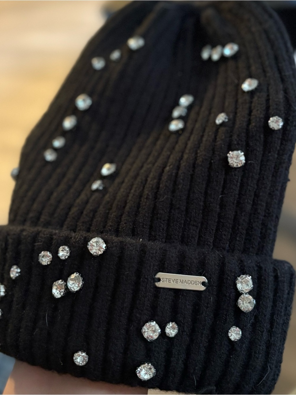 Steve Madden Black Ribbed Beanie with Crystal Embellishments